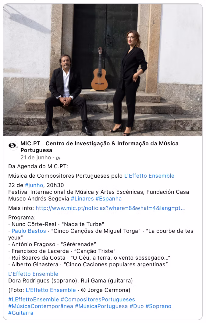 Premiere of ‘Cinco canções de Miguel Torga’ and ‘La courbe de ter yeux’ (Spain)