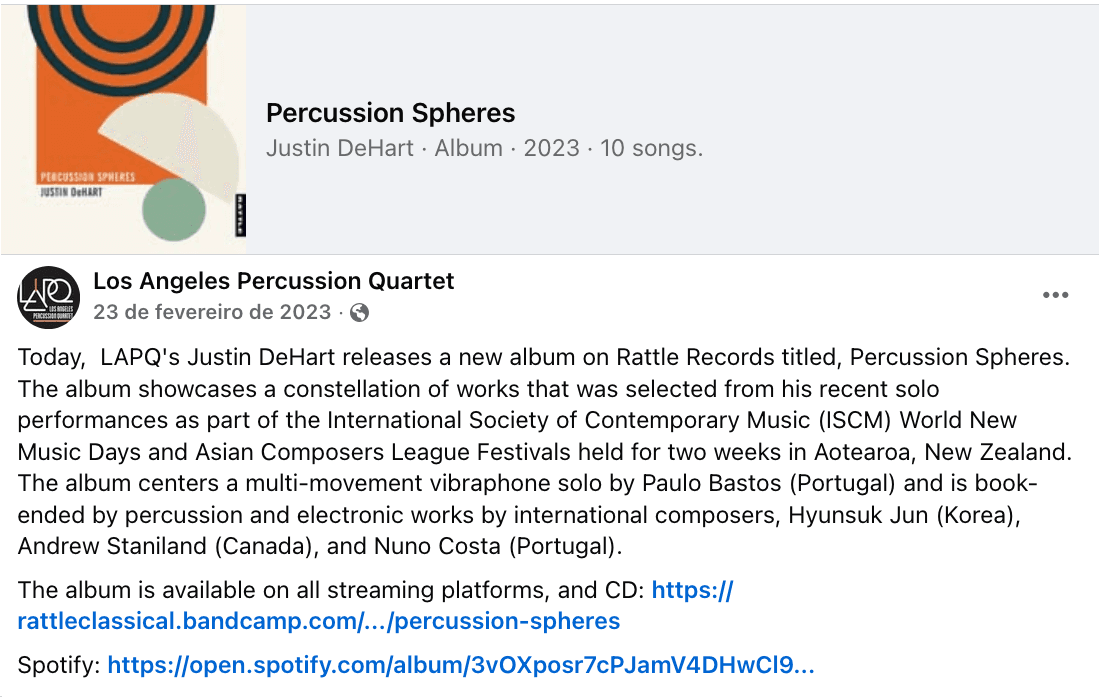 Release of the CD Percussion Spheres with 'Íris-abandono...' for vibraphone - (New Zeland)